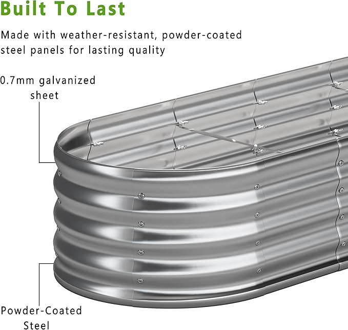 KFN 12x1.8x1FT Galvanized Raised Garden Bed,Raised Garden Bed Kit-Oval Metal Vegetable Box,Large Planter Flower Boxes Outdoor,Planting for Vegetables,Flower,Herb,Sliver,0.7mm
