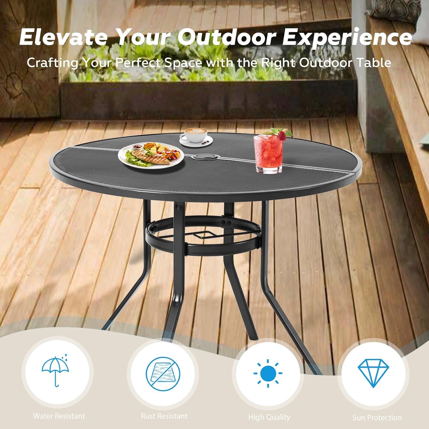 AECOJOY Outdoor Patio Dinning Table for 4, 37" Round Metal Patio Tables with 1.7" Umbrella Hole, Weather-Resistant Outside Table for Lawn Backyard Garden Porch Bistro Poolside Deck Dark Grey