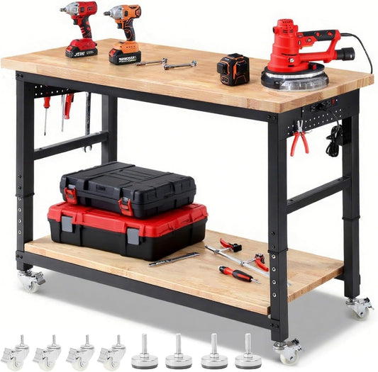 Workbench with Wheels 60 x 22 Heavy Duty Rubberwood Tabletop Work Bench Adjustable Height Garage Work Table with Under Table Shelf, Sided Pegboard, Power Outlets for Home Office