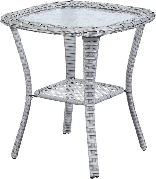 Patio Tables Wicker Side Table - Rattan Coffee Table with Glass Top End Tables for Outdoor Outside Patio Porch Square Light Grey