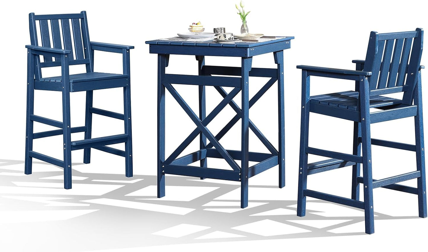 3-Piece Adirondack Chairs and Table Set, HDPE Outdoor Bar Sets, All Weather Outdoor Bar Stools Set, HDPE Adirondack Bar Height Chairs and Bar Table for Balcony, Bistro, Poolside, Navy