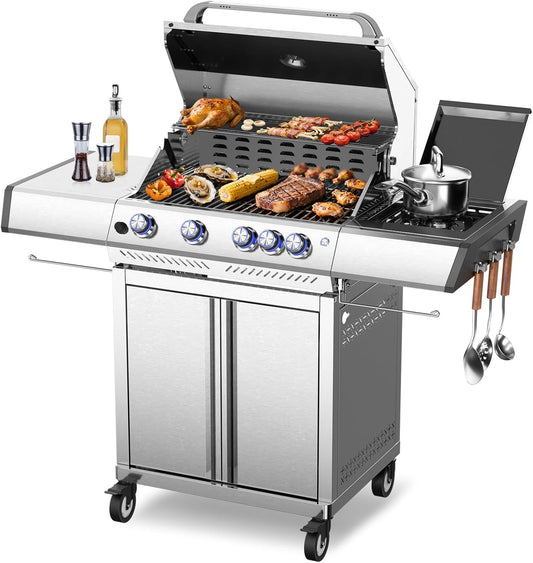 R.W.FLAME 4 Burner Gas Grill, 42,000 BTU Propane Grill, Outdoor Grills with Side Burner, Outdoor Barbecues with Stainless Steel Mesh and Plates, for Camping, Backyard, Patio and Deck