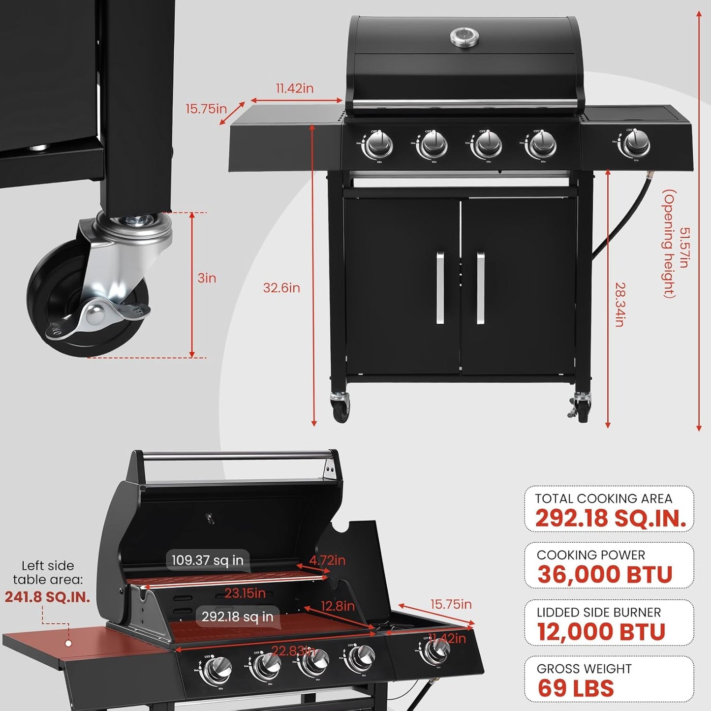 Q043-4-Burner w/Side Burner Gas Grill with 292 SQ.IN. Outdoor Grill with 44,000 BTU,Propane Grills with Top Cover Lid,Grills Outdoor Cooking for Patios,Camping,Balcony,Garden
