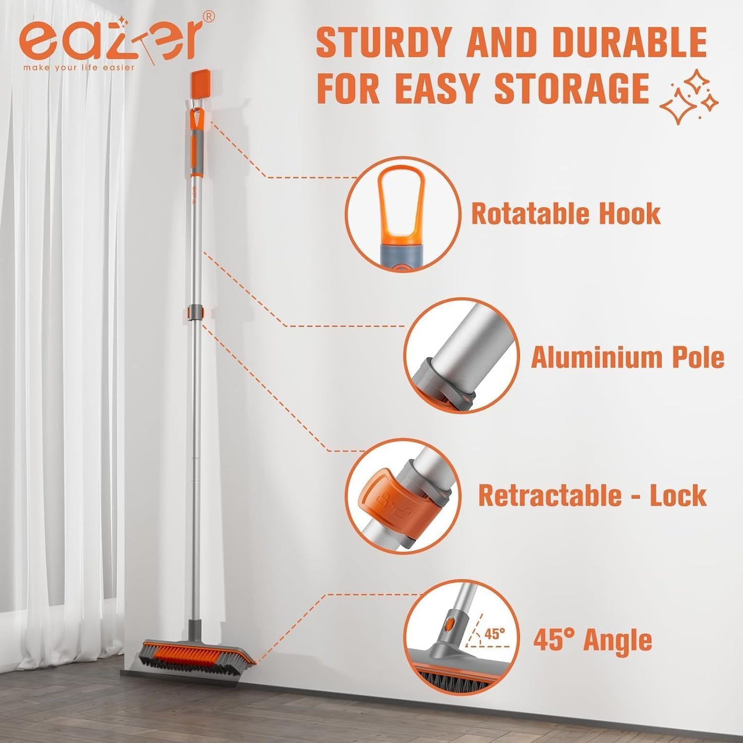 Eazer Floor Scrubber Brush, 2-in-1 Deck Scrubber Brush with Long Handle, Soft & Hard Bristle Brush for Cleaning Concrete, Squeegee Broom for Floor,Bathroom Garage,Kitchen,Wall,Tile and Swimming Pool