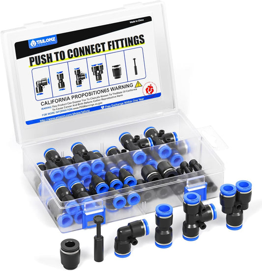 TAILONZ PNEUMATIC 5/32 Inch od Push to Connect Fittings Pneumatic Fittings Kit 10 Spliters+10 Elbows+10 tee+10 Straight+10 PPF+10 PP (60 pcs)