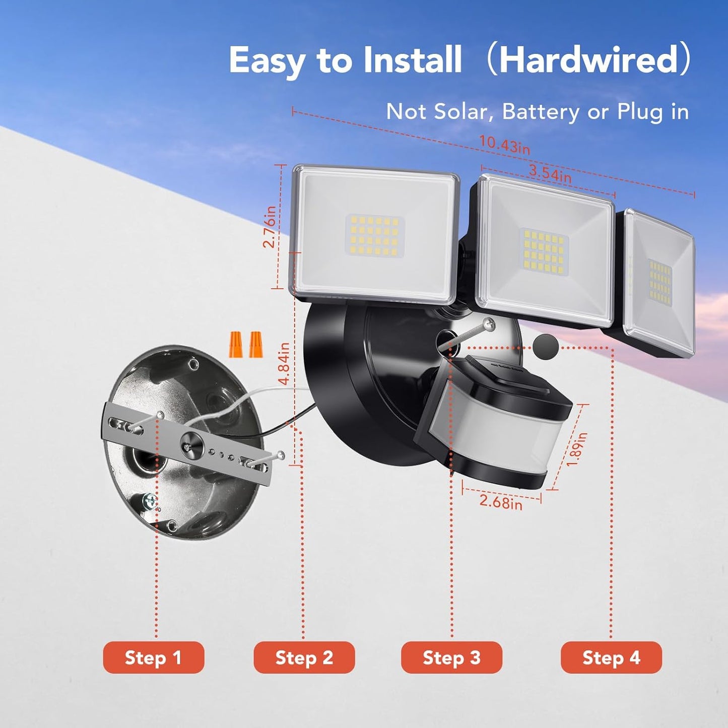 OREiN 4500LM/30W Flood Lights Outdoor, 180°/50FT Motion Sensor Outdoor Lights 3 Modes Dusk to Dawn IP65 Waterproof LED Security Light for 4500SQ.FT Area for Yard Garden, Black (Hardwired)