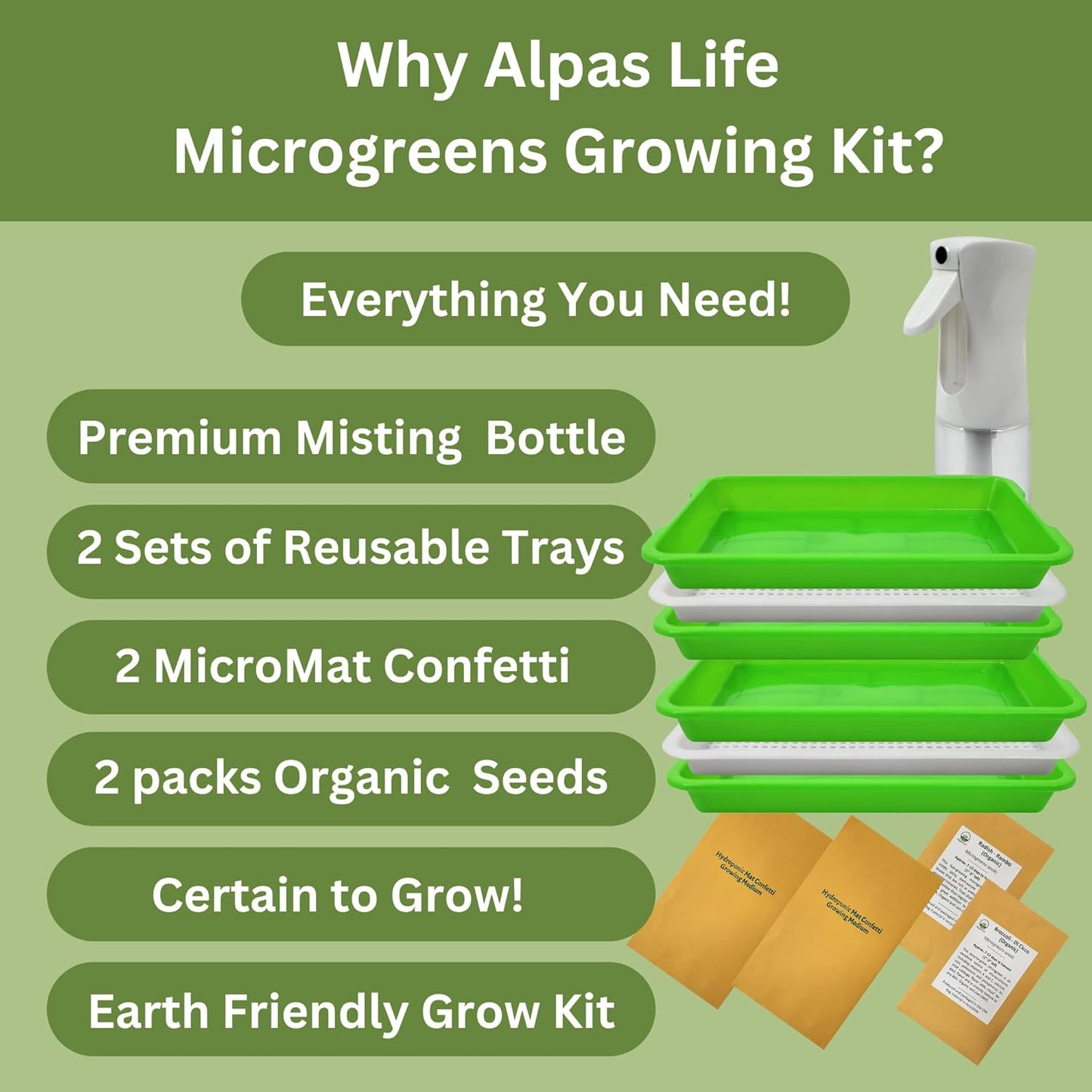 Complete Home Microgreens Kit - Indoor Garden System - Includes 2 Sets of Reusable Trays, Spray Mister, 2 pkgs of Hydroponic Growing Medium, Organic Radish and Broccoli Seeds