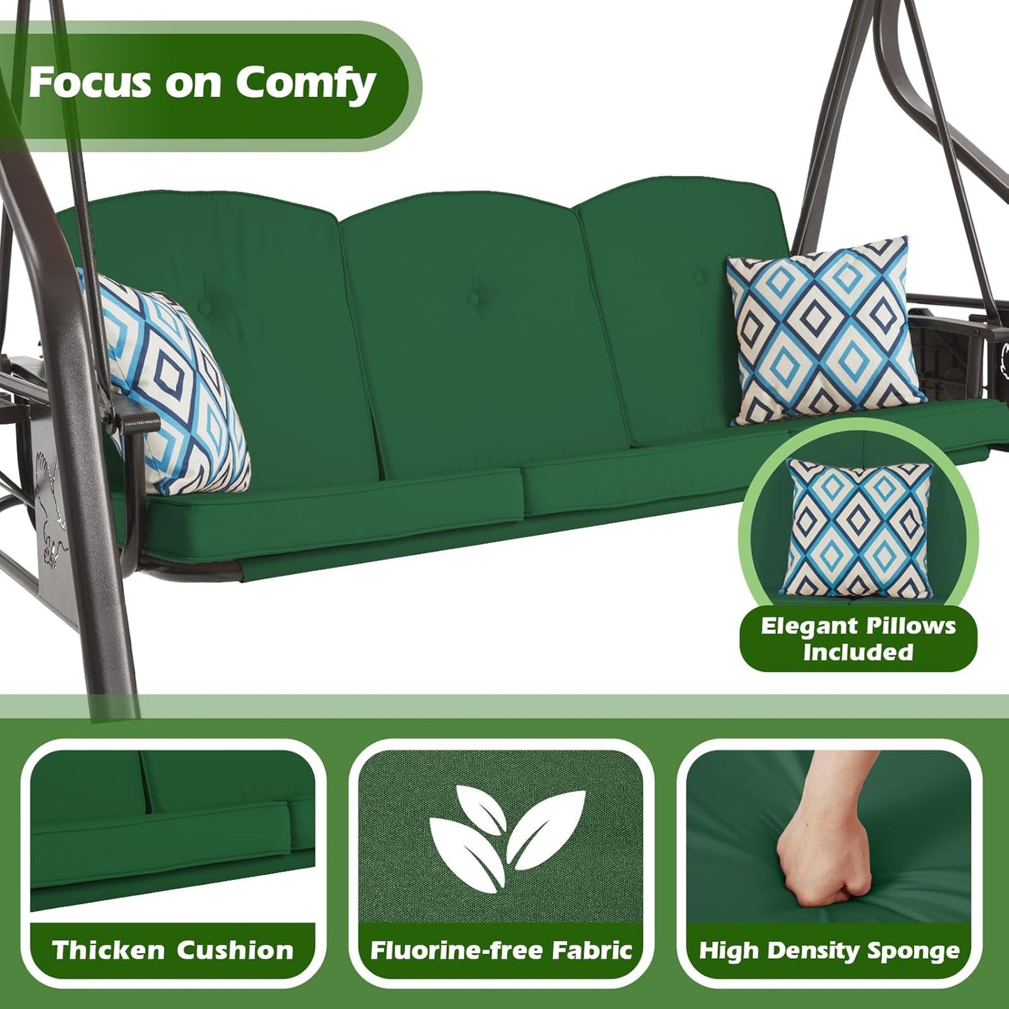 3-Seat Outdoor Porch Swing with Stand Patio Swing with Canopy 2 in 1 Porch Swing Bed & Patio Swing Chair for Adult w/Extra Pillows and Cup Holder for Yard(Green)