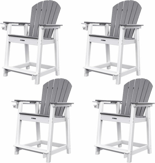 Tall Adirondack Chairs Set of 4 Adirondack Barstools, Weather Patio Garden Pool Fire Pit Balcony Outdoor Bar Stools HDPE Plastic Barstools with Backs for Garden, Backyard, Yard (Grey)
