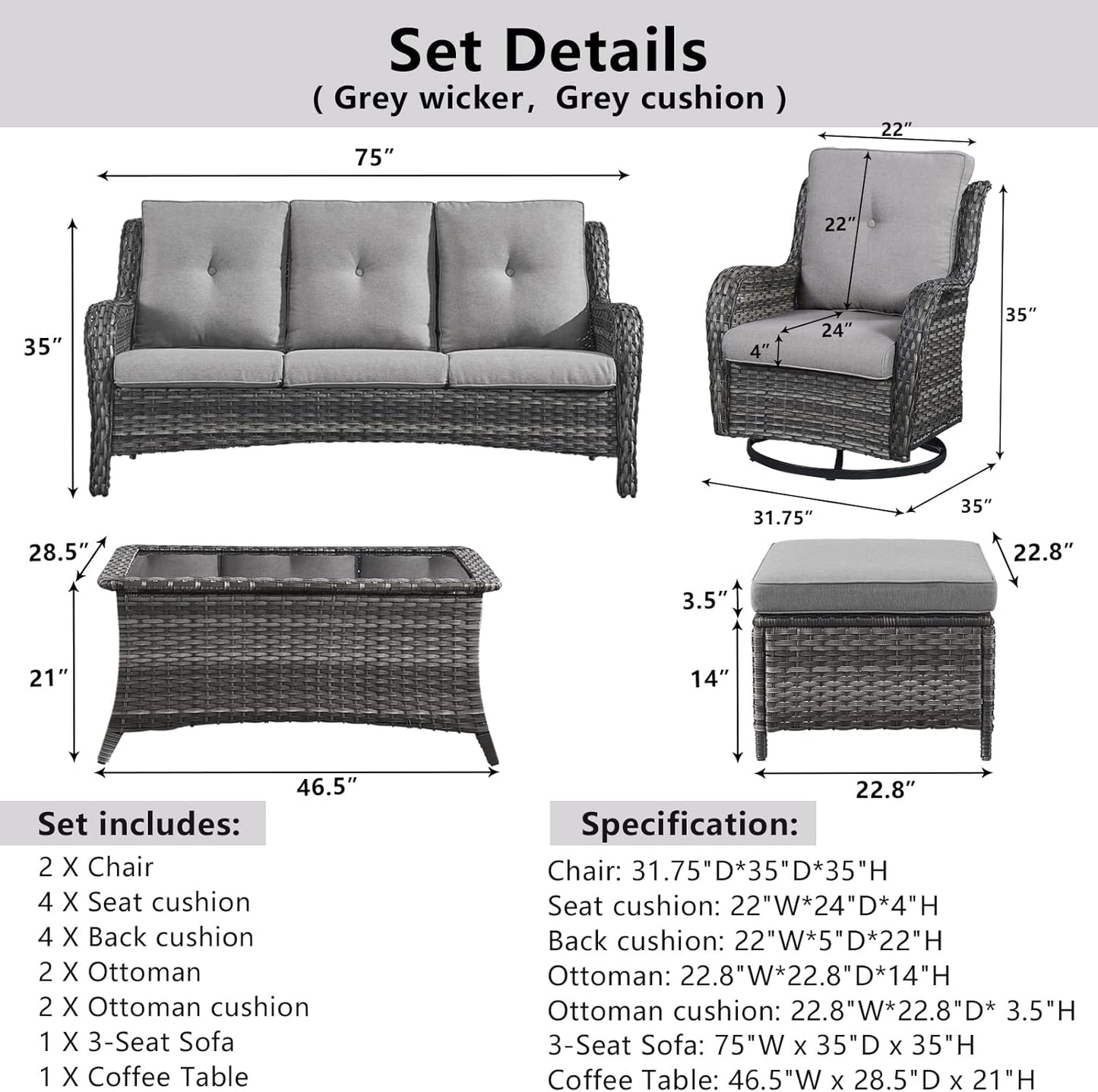 Wicker Outdoor Furniture Patio Furniture Set - 6 Piece Patio Conversation Set with Swivel Rocker Chairs, Rattan Sofa, Ottomans and Coffee Table, Gray Cushion