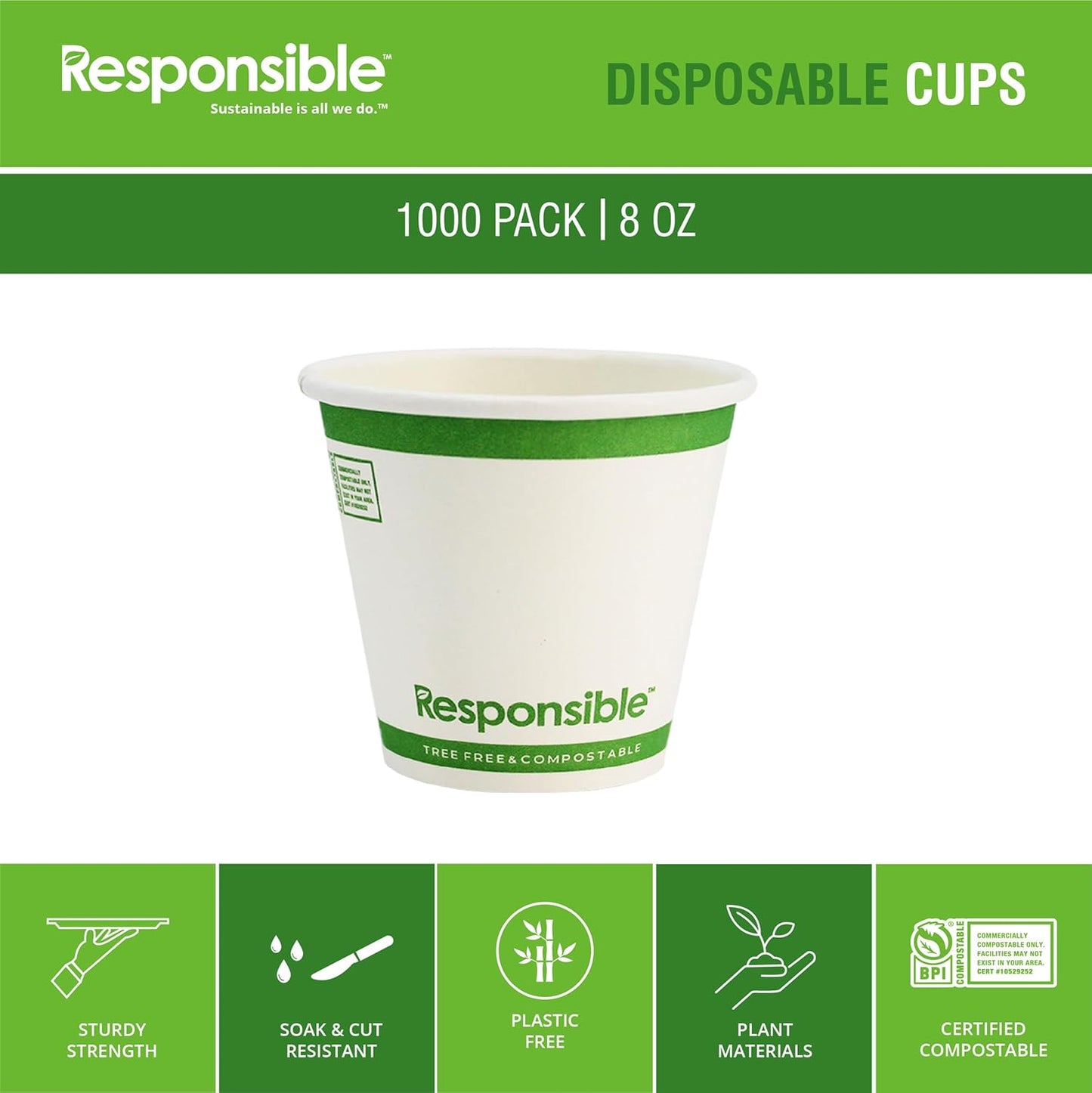 8 oz Paper Hot Cups (Squat), Tree-Less™ Compostable Paper Coffee Cups, Extra Strength, Tree-Free and Made Without PFAS, White (1000 Count)