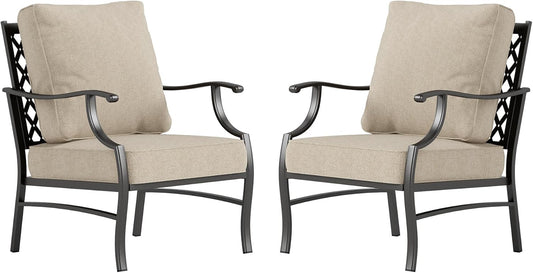 Metal Patio Chairs Set of 2 with 5.75" Extra Thick Cushion, 2 Pieces High Back Outdoor Patio Chairs All Weather Outdoor Furniture Seating for Deck Backyard Balcony Front Porch, Beige