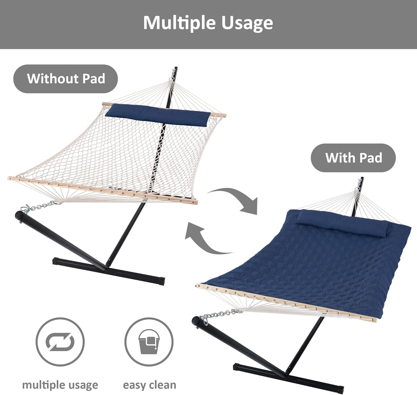 SUNCREAT Two Person Hammock with Stand, Heavy Duty Backyard Hammock and Stand, Navy Drops