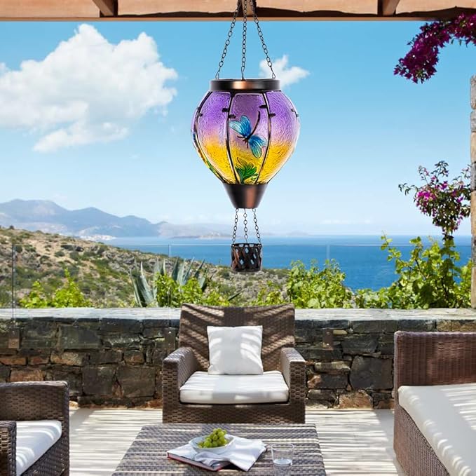 Starsoul Dragonfly Hot Air Balloon Solar Lantern Outdoor Glass Hanging Hot Air Balloon Lantern with Flame Light Waterproof for Patio Pathway Yard Porch Backyard Decor