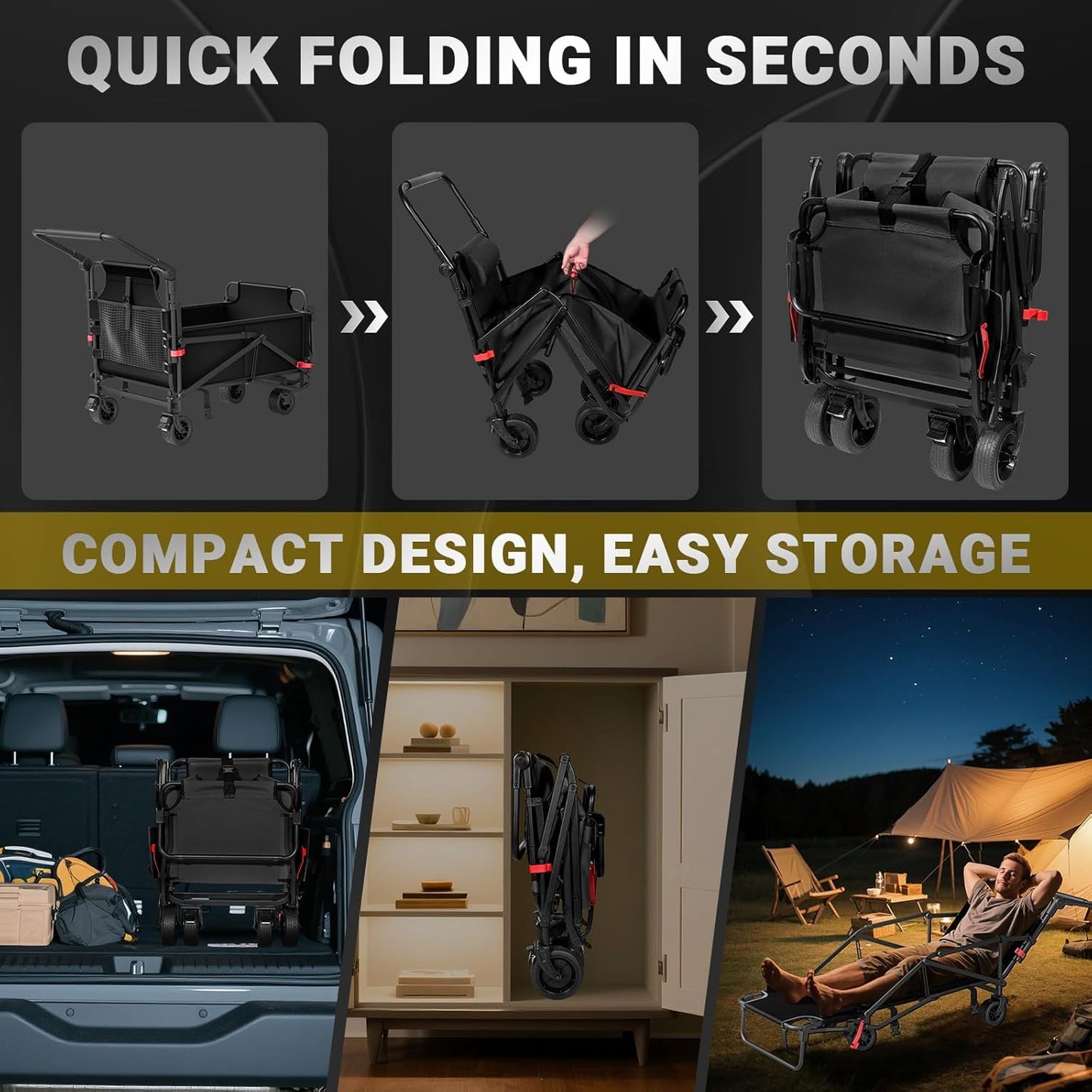 LEVELEVE Heavy Duty Folding Wagon - 2-in-1 Collapsible Cart, 400lb Capacity, All-Terrain Wheels w/Brakes & Side Pockets (Black)