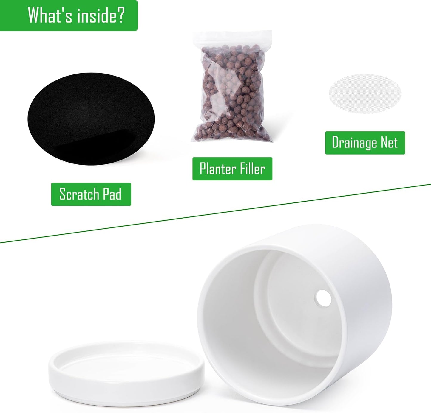 D'vine Dev 3 Inch & 4 Inch & 6 Inch, Set of 3 Round Ceramic Planter Pot with Drainage Hole and Saucer, White, 94-T-S-1