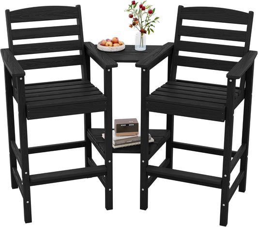 SERWALL Tall Adirondack Chairs Set of 2 with Connecting Table, All Weather Outdoor Barstools, Black