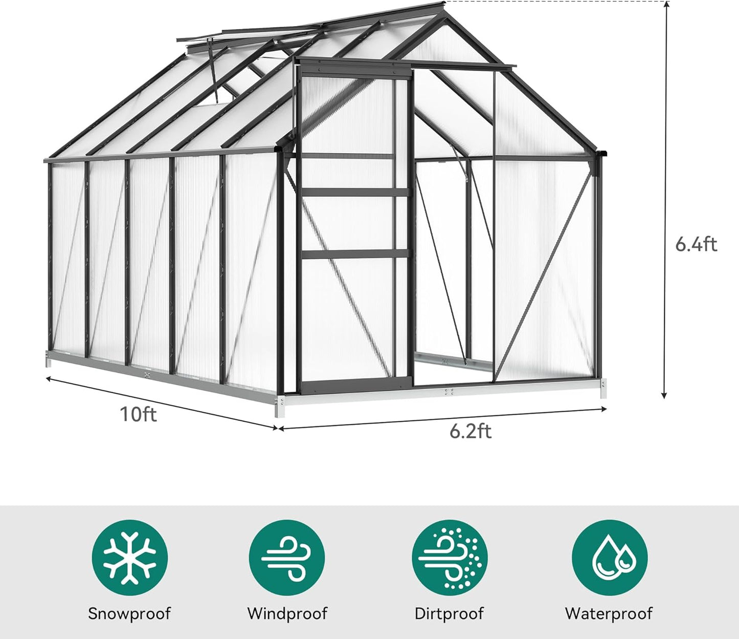 YITAHOME 10x6FT Polycarbonate Greenhouse Heavy Duty Green Houses Outdoor Aluminum Greenhouses w/ Sliding Doors Vent Window Walk-in Greenhouse for Garden Backyard, Matte Black