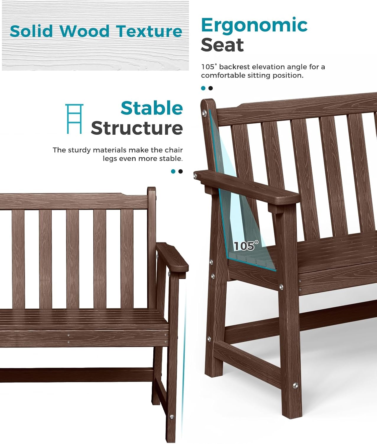 Outdoor Bench, 2-Person HDPE Garden Bench, All Weather Poly Patio Bench for Outdoors, Garden, Backyard, Porch and Park, 550 lbs Weight Capacity, Brown