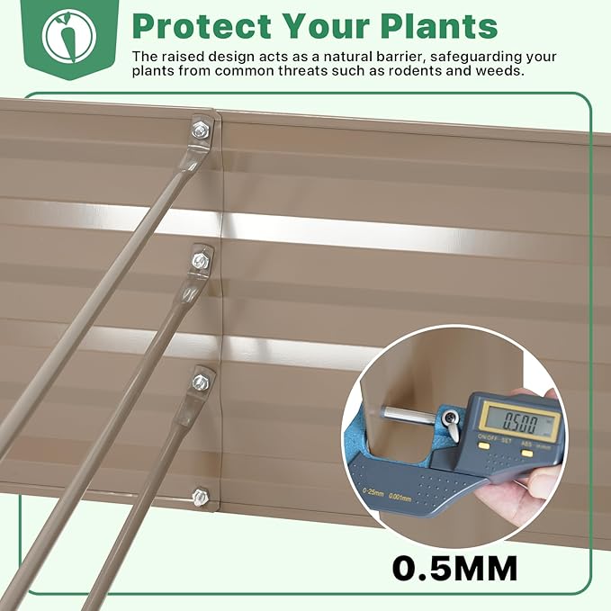 ONCEMORE Galvanized Raised Garden Bed for Vegetables Flowers Herbs, Metal Raised Garden Bed Kit with 2 PCS Tomato Cage, Gloves, Trellis Netting, Plant Labels, Plant Ties, Brown 6×3×1FT