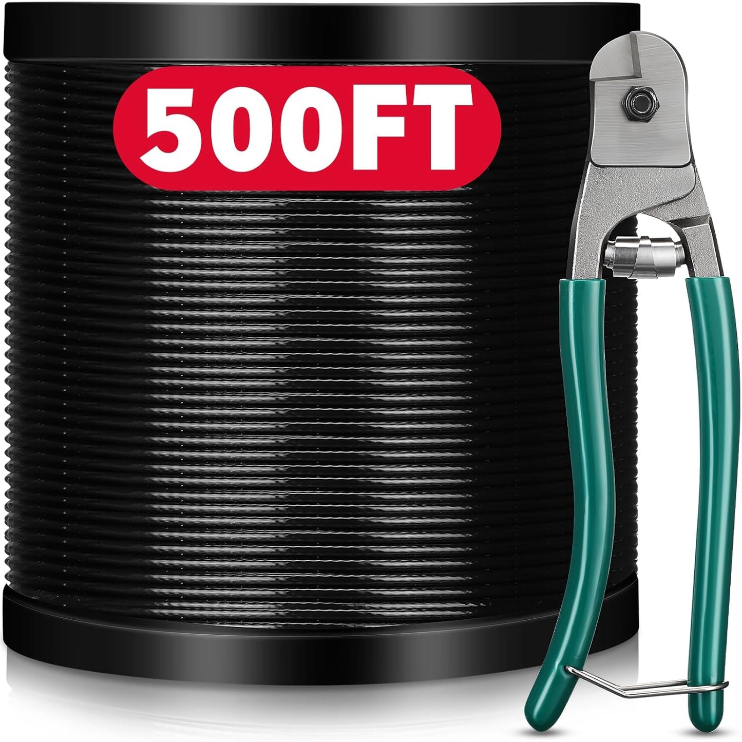 Tandefio 500 ft Vinyl Coated Wire Rope 304 Stainless Steel Black Stainless Wire 1/16 Inch Overmolded to 3/32 Inch with Cutter 7x7 Strands Construction for String Lights Hanging Clothesline Fence