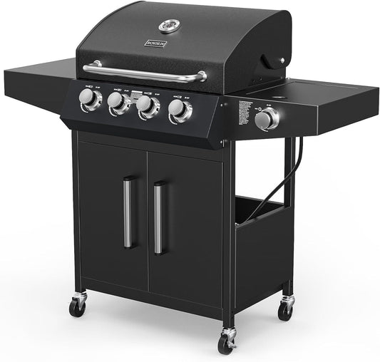 ROVSUN 4-Burner Propane Gas BBQ Grill with Side Burner & Enameled Cast Iron Grates, 58,000 BTU Barbecue Grill with Wheels for Outdoor Patio Backyard Cooking Grilling, Black