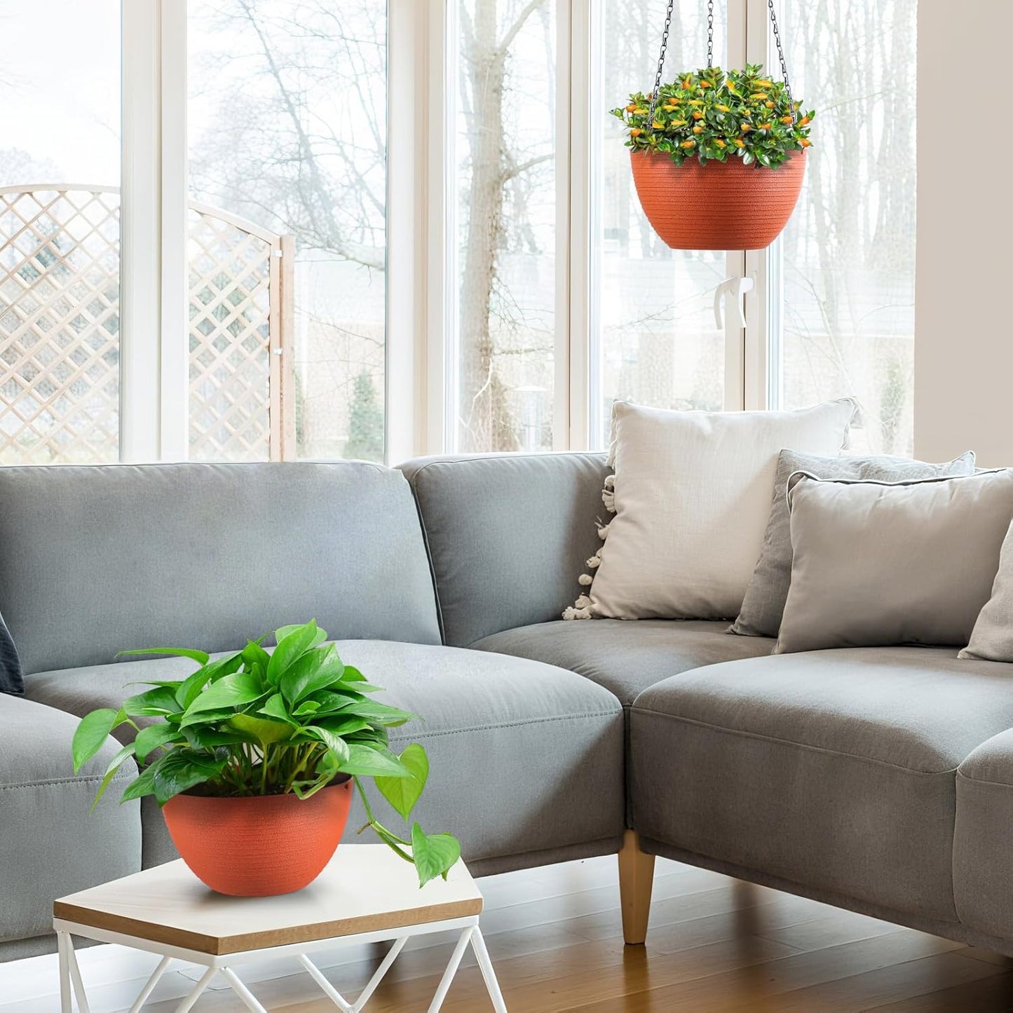 Hanging Planters for Indoor Outdoor Plants, Set of 2 Self Watering Hanging Pots with Drainage Hole & Plug and 20" Chain & Hooks