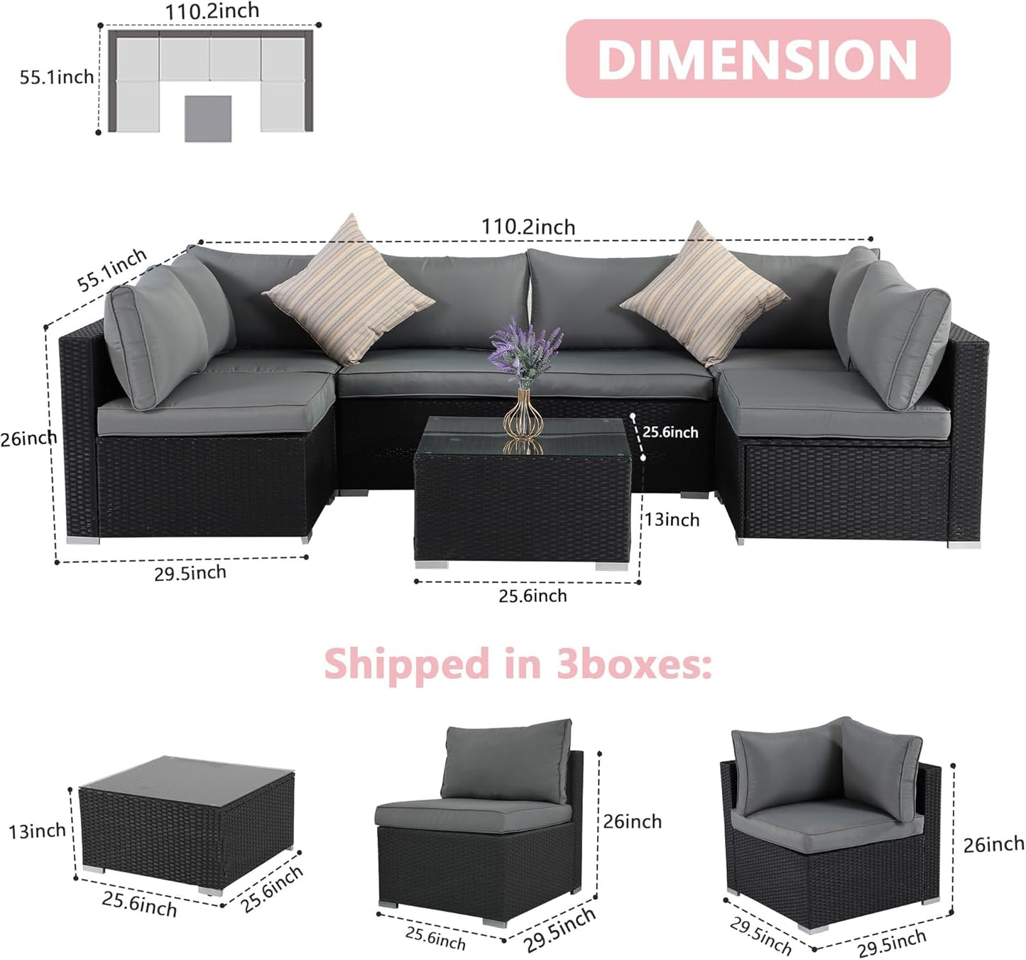 7-Piece Patio Furniture Set - Outdoor Sectional Sofa Set with Cushions and Glass-Top Coffee Table for Gardens, Poolside, Backyards and Porches, Black/Grey