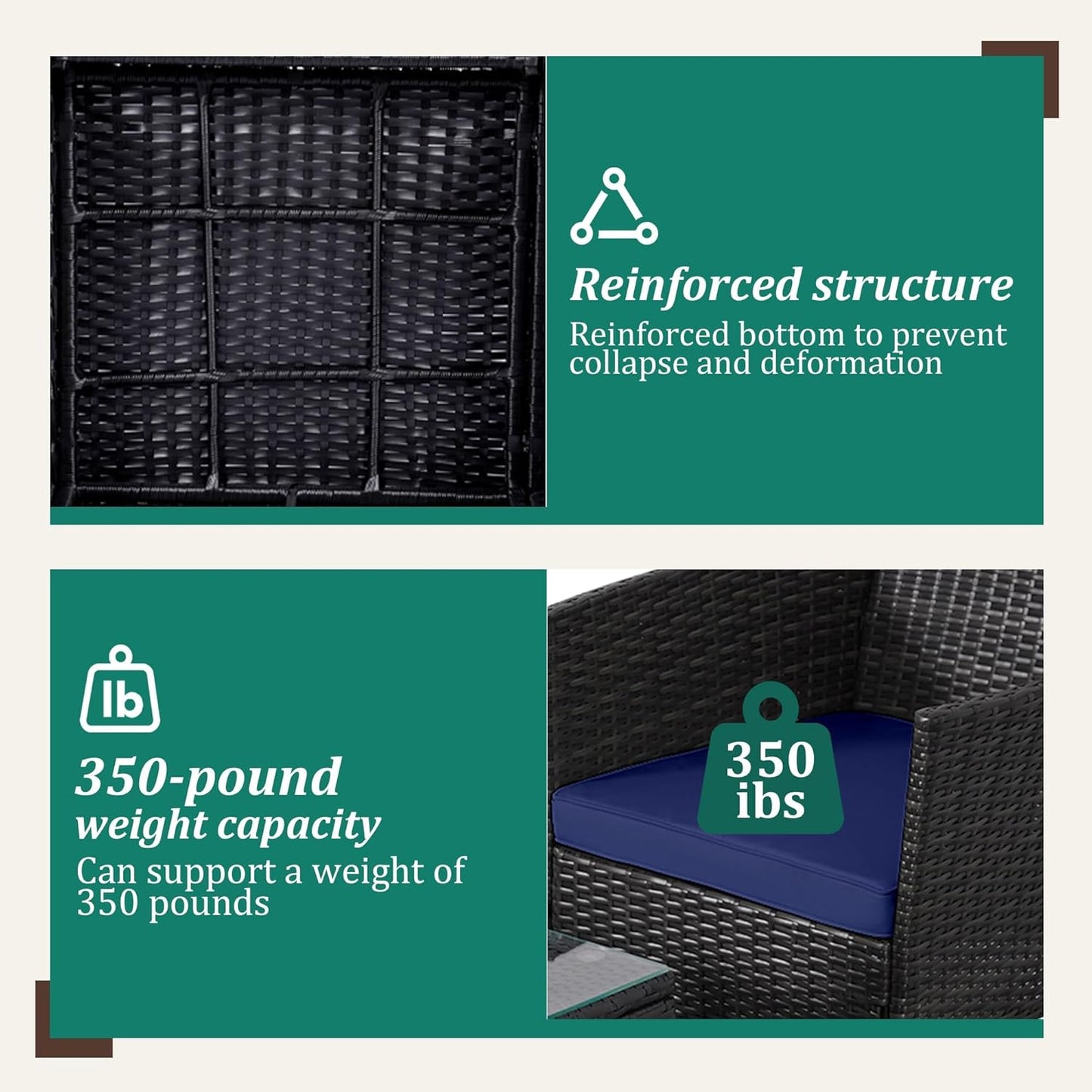 3 Piece Patio Furniture Set - Outdoor Conversation Sets with Coffee Table, Rattan Chair Set for Garden/Poolside, Coffee/Navy Blue