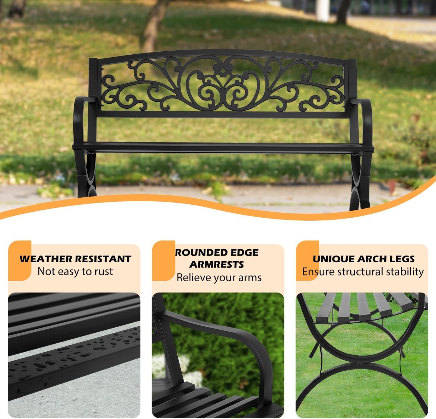 PayLessHere Black Outdoor Metal Loveseat Chairs Patio Garden Bench 50-inch Slatted Seat Armrests Floral Design Plastics Backres Perfect for Park, Yard, Porch, Lawn, Balcony, Backyard