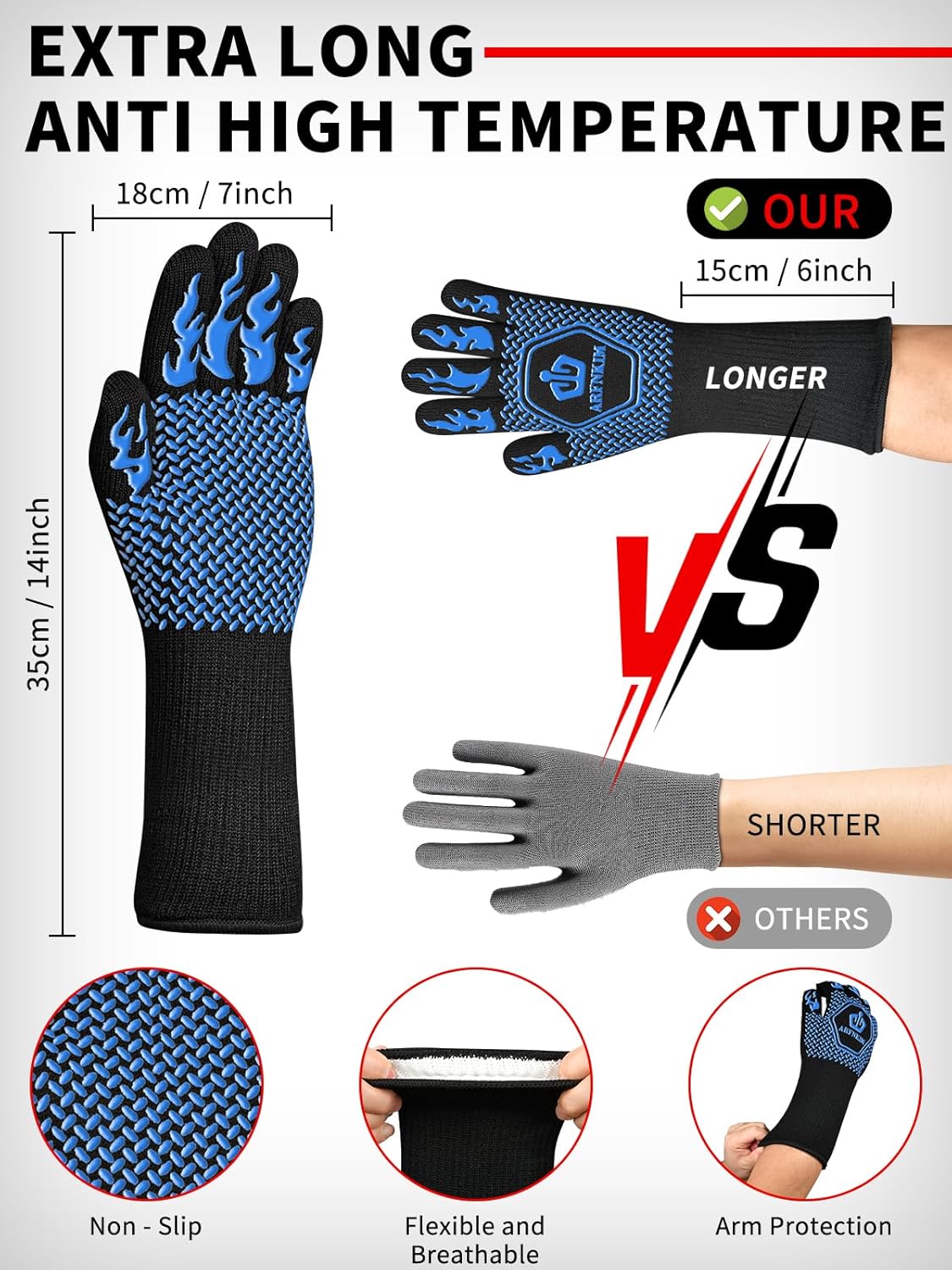 BBQ Oven Gloves, 1472℉ 3-Layers Heat Resistant Oven Mitts Silicone Non-Slip Cooking Gloves for Barbecue, Grilling, Baking, Welding, Smoker (A Pair) (Blue)