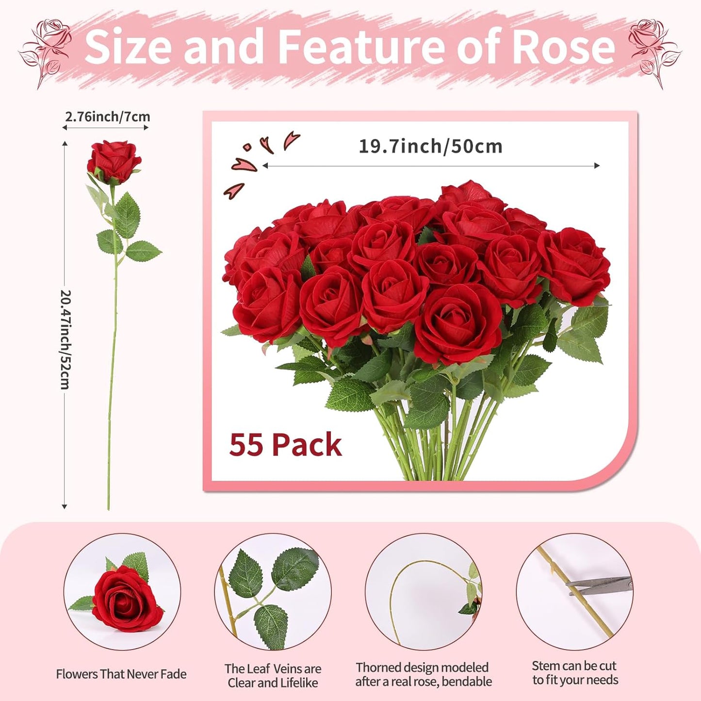 55 PCS Fake Roses Artificial Flowers Bulk, Red Roses Bridal Bouquet Silk Faux Rose with Stems for Wedding Flowers Decoration, Valentine's Day, Bridal Bouquet, Anniversary,Home Decor (55PCS, Red)