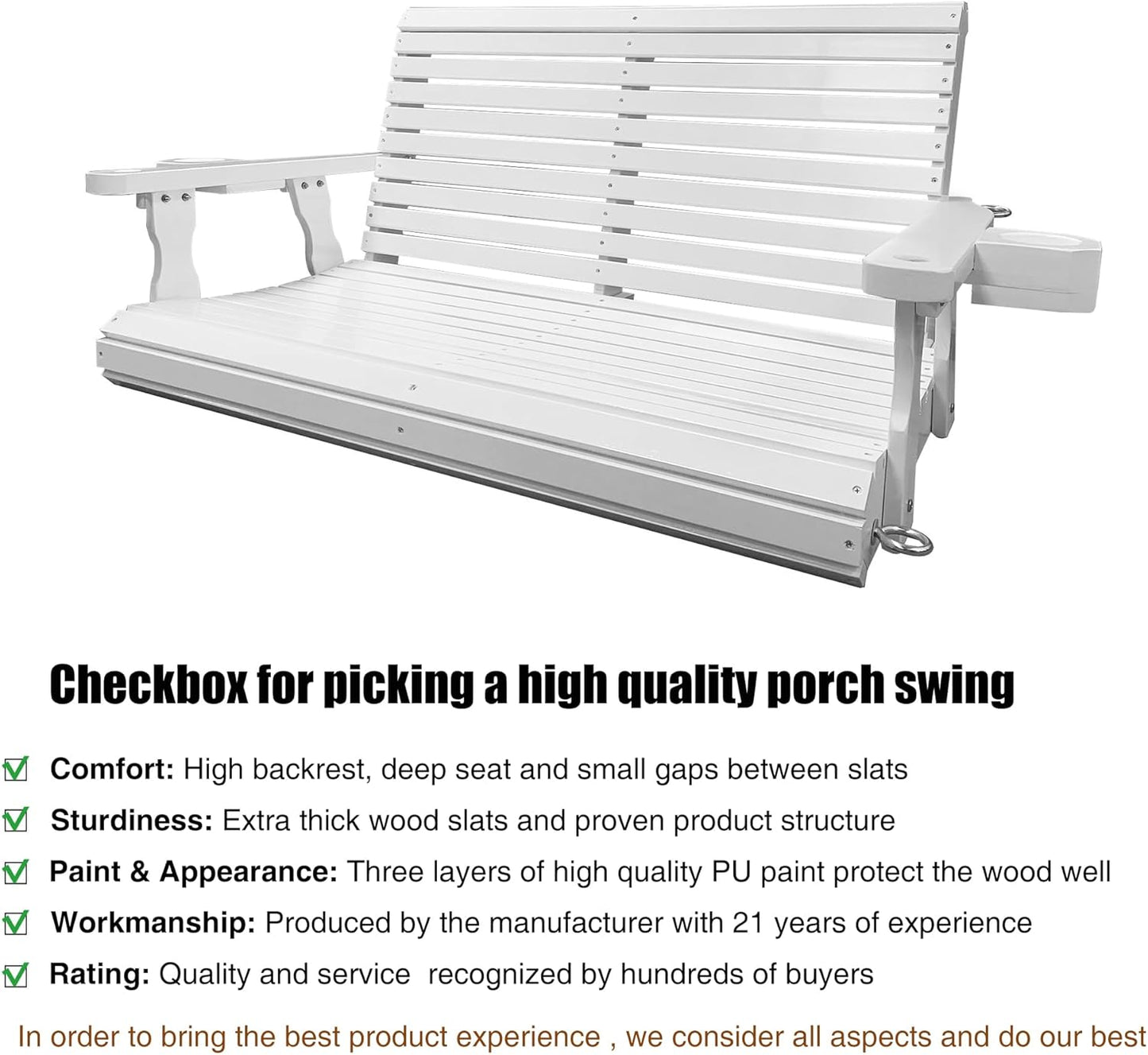 Wooden Porch Swing 2-Seater, Bench Swing with Cupholders, Hanging Chains and 7mm Springs, Heavy Duty 800 LBS, for Outdoor Patio Garden, Pure White, 4 FT Extra Large