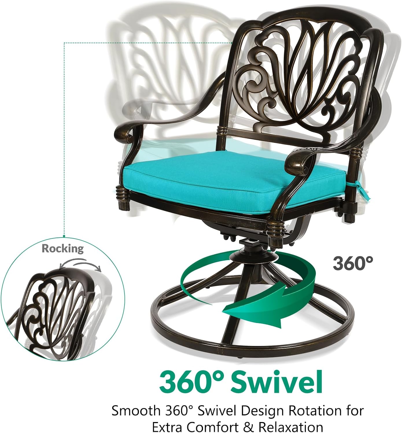 VIVIJASON 3-Piece Patio Furniture Dining Set, Outdoor All-Weather Cast Aluminum Bistro Set, Include 2 Swivel Chairs and 31" Round Table w/Umbrella Hole for Balcony, Lawn, Garden (Ocean Blue Cushion)