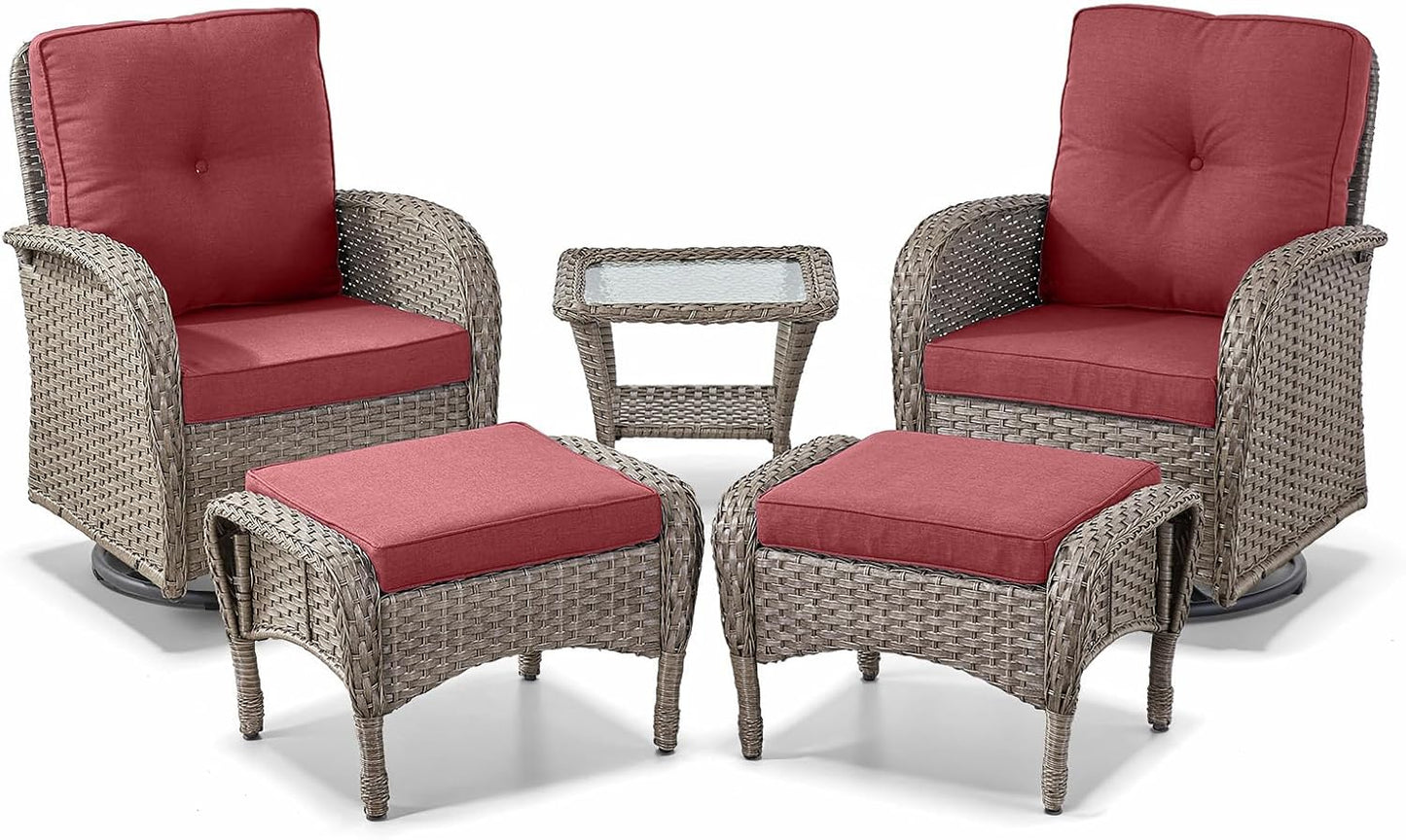 5 Pieces Wicker Patio Furniture Set - Swivel Rocker Outdoor Chairs with Ottomans and Side Table, Small Patio Conversation Set for Porch Deck Backyard Red