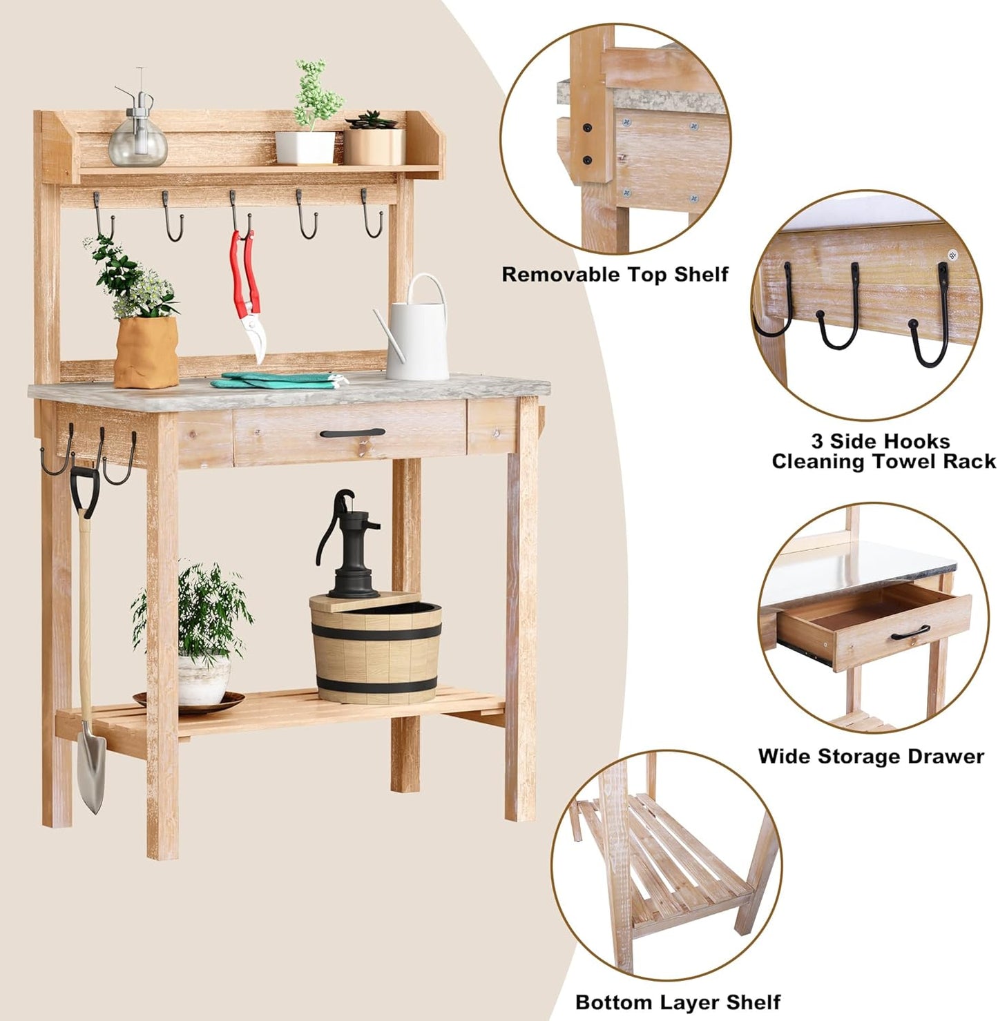 Outdoor Potting Bench Table with Metal Tabletop, Planting Table Potting Work Station with Storage Drawer and Removable Shelf Rack, Garden Potting Table for Outdoors
