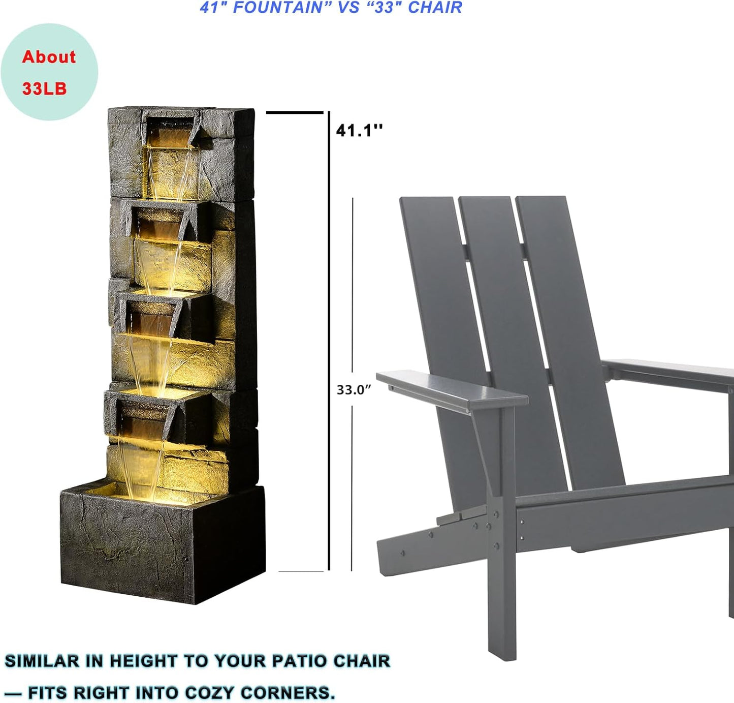 41.1" Garden Water Fountain Outdoor – 5-Tier Modern Cascading Resin Waterfall Fountain with LED Light, Mossy Stone Look, Floor-Standing Outdoor Water Feature for Patio, Yard, Deck, Home Décor