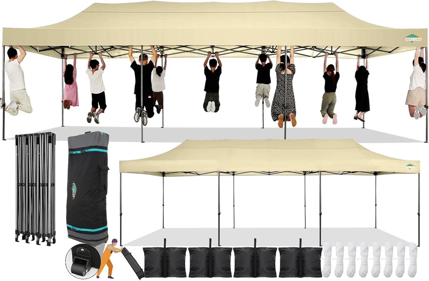 COBIZI 10x30 Pop Up Canopy Without Sidewall,Heavy Duty Canopy UPF 50+ All Season Wind Waterproof Commercial Outdoor Wedding Party Tents for Parties Canopy Gazebo with Roller Bag(10 x 30 ft Khaki)