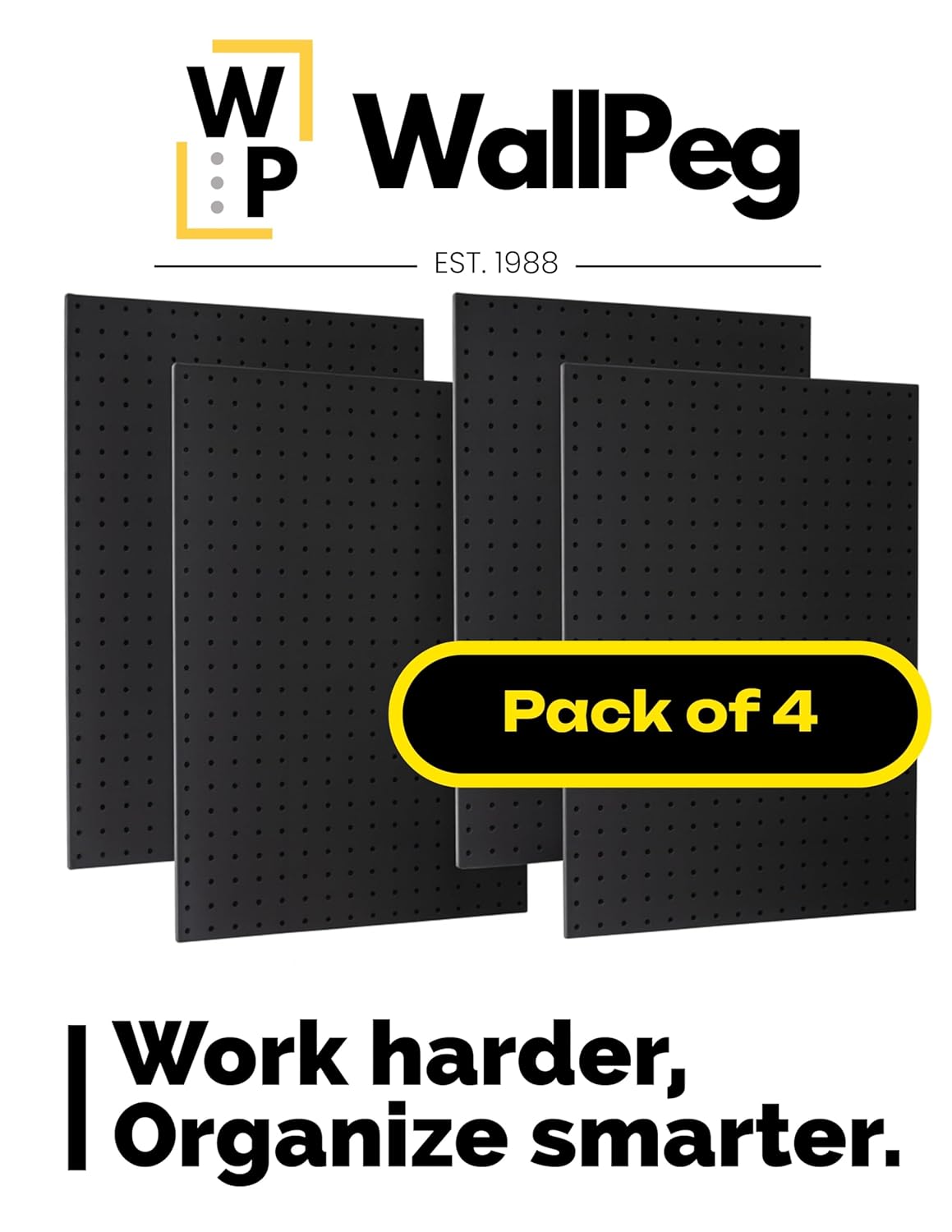 WallPeg Pegboard Kit - 4 Each 24"x16" Peg Board Panels - Made in USA - Mounted Size is 48" x 24" Pegboards Wall Organizer for Walls Home, Garage Tool Storage, Office Organization, Kitchen, Craft Room