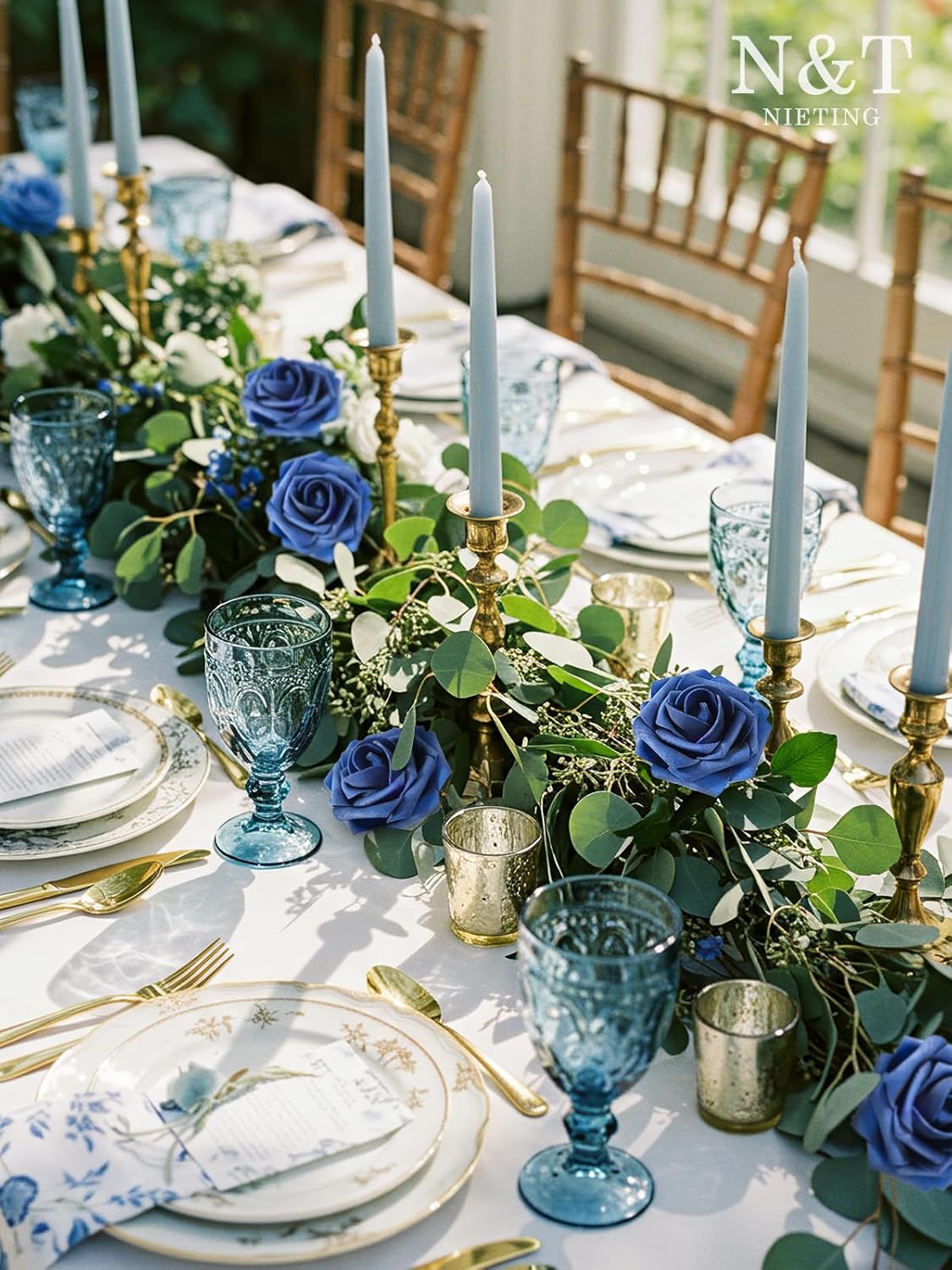 N&T NIETING Artificial Flowers Navy Blue Roses 50Pcs Fake Flowers Foam Roses with Stems for DIY Wedding Bridesmaid Bridal Bouquets Centerpieces Party Home Decoration Baby Shower