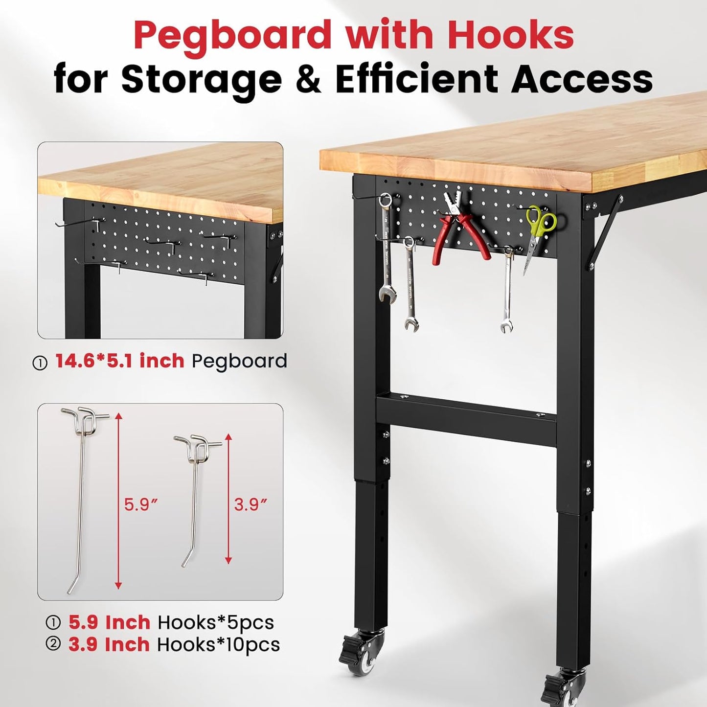 Workbench with Wheels 60 Inch Rubberwood Tabletop Garage Workbench Adjustable Height Work Bench with Pegboard, Power Outlets for Woodworking, Home, Office, Workshop