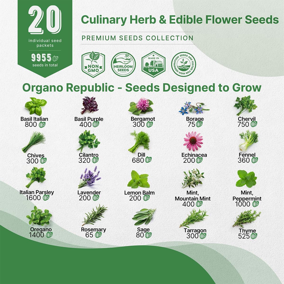 Organo Republic 20 Culinary Herbs & Edible Flower Seeds Variety Pack for Planting Indoor & Outdoor. 9500+ Non-GMO Heirloom Flower Garden Seeds: Basil, Borage, Echinacea, Lavender, Oregano & More