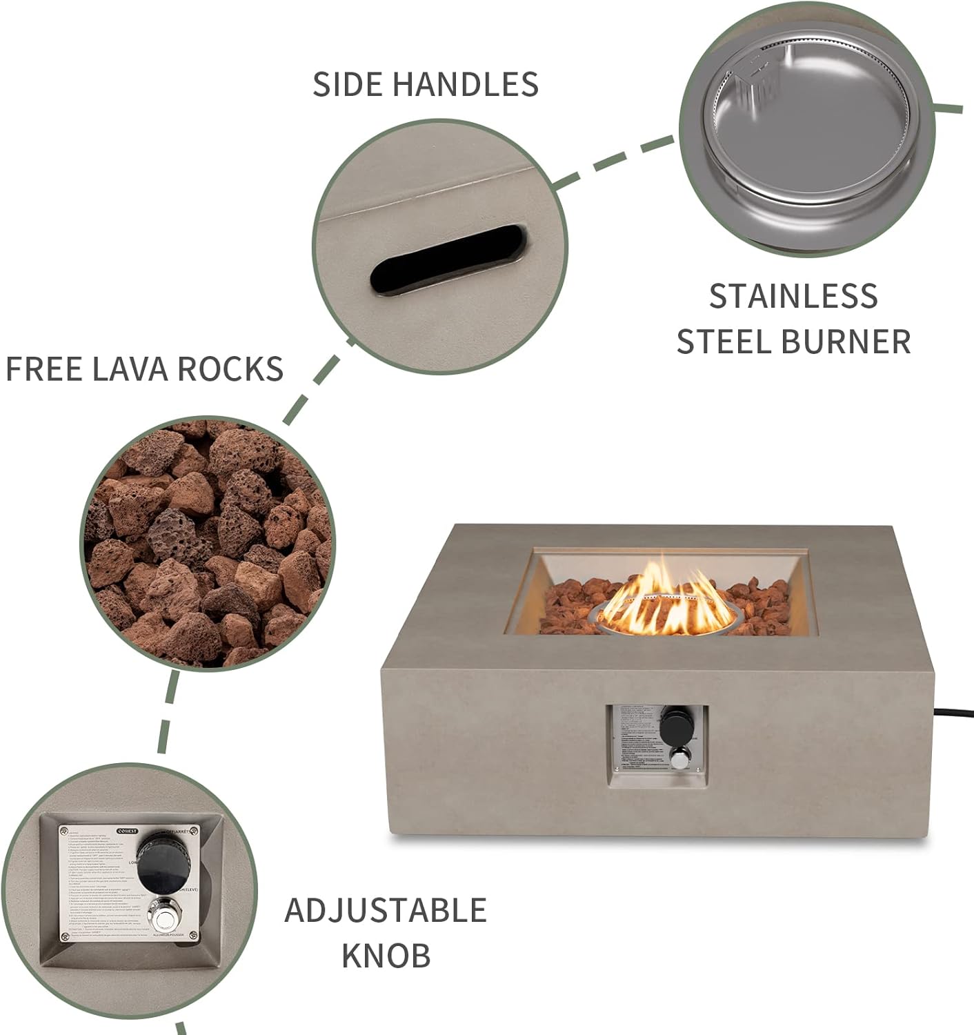 COSIEST Outdoor Propane Fire Pit Coffee Table w Square Faux Stone 35-inch Base, 50,000 BTU Stainless Steel Burner, Free Lava Rocks and Rain Cover(Gray)