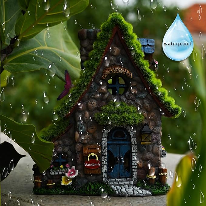 ASAWASA Resin Fairy House Statues with Solar Powered Lights, Funny Garden Sculptures with Flocked and Cobblestone Decor, Exquisite Garden Cottage Figurines