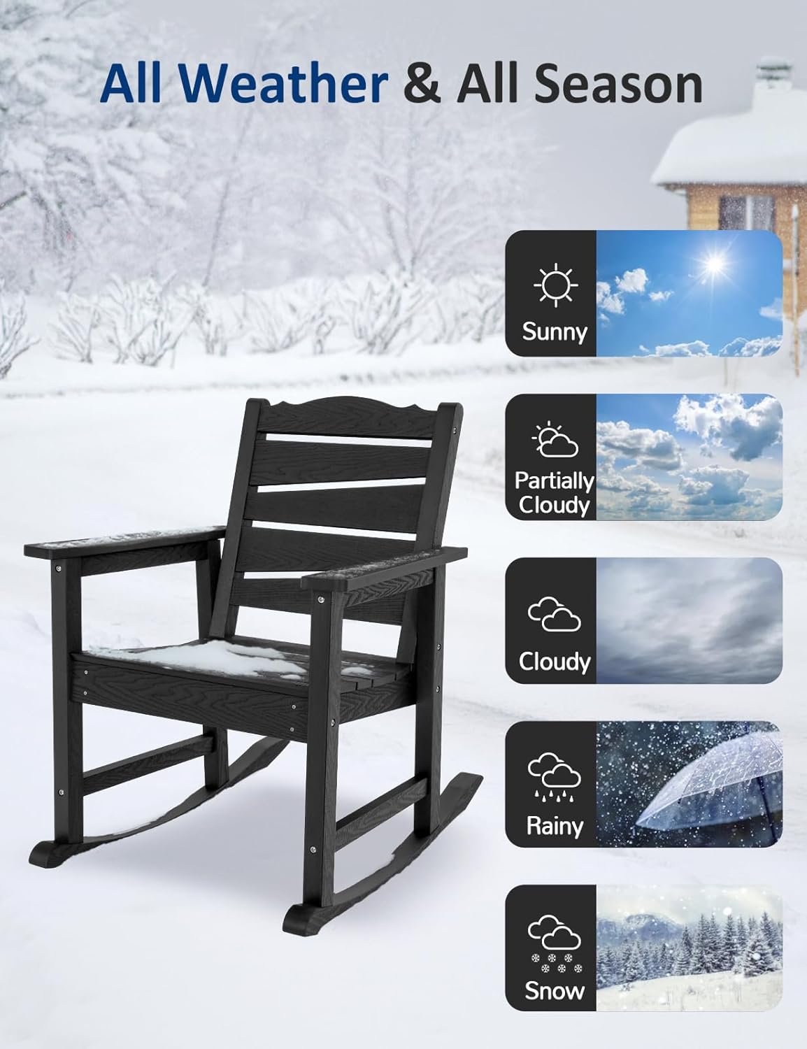 3-Piece Patio Rocking Chairs Set, Weatherproof HIPS Outdoor Rocking Chair for Adults, 400LBS Support Rocking Chairs with Table for Garden, Porch, Backyard and Indoor, Black