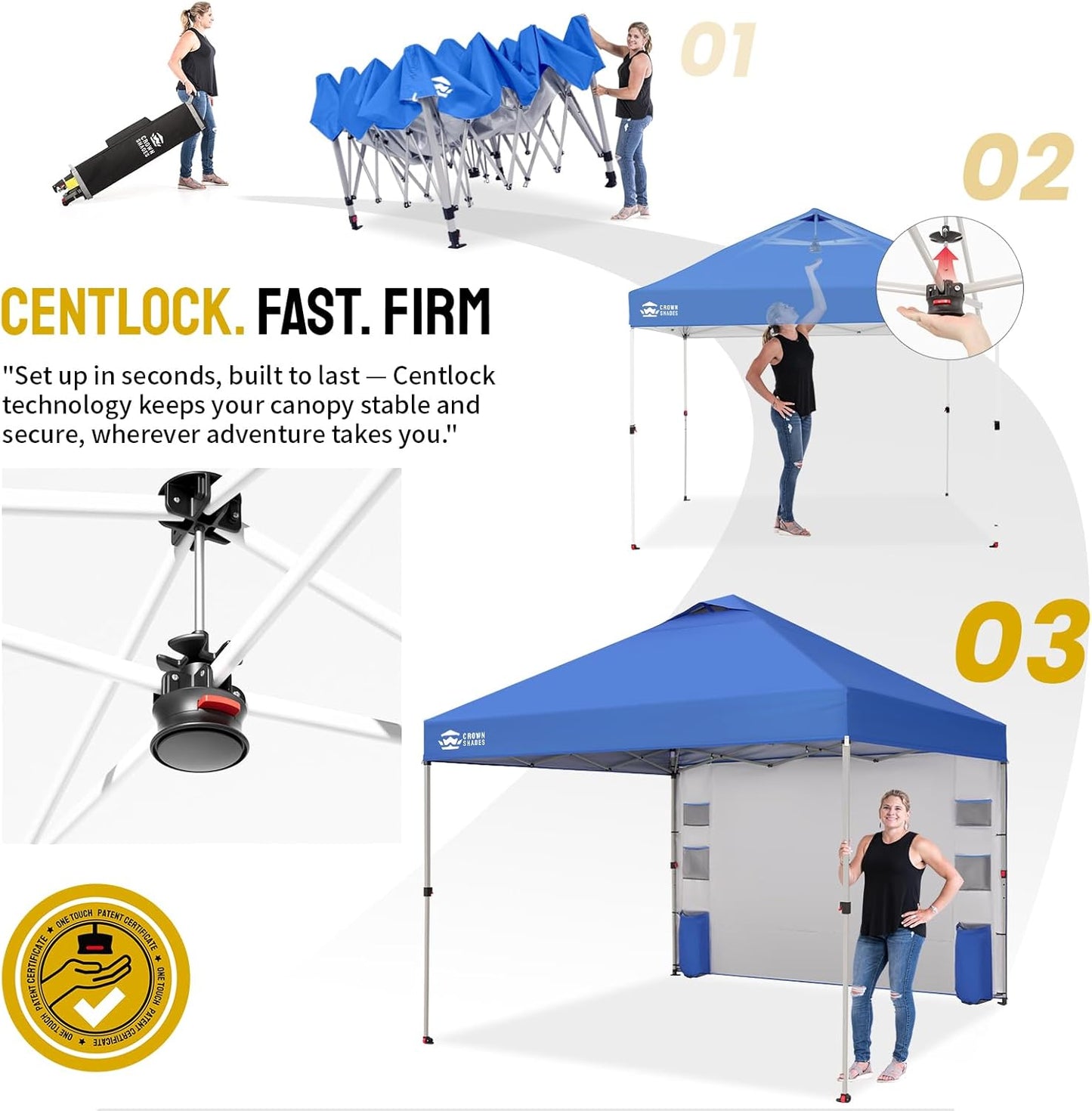 CROWN SHADES Canopy Tent, 10 x 10 Foot Portable Pop Up Outdoor Shelter with Pocket Sidewall, Push Center Lock, UV Protection, and Carry Bag, Blue