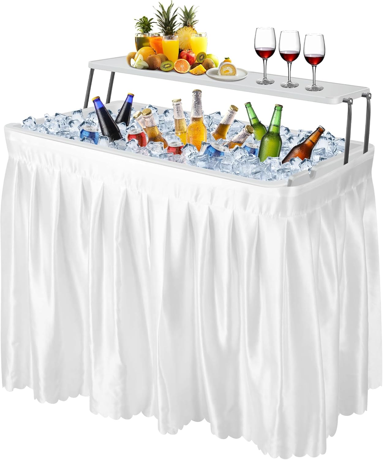 Portable Folding Ice Cooler Table - 2 Tier Outdoor Cooler Table with Removable Matching Skirt and Shelf, Ice Tables for Party, Camping, Picnic, Foldable Self-Serving Beverage Cooling Bar(White)