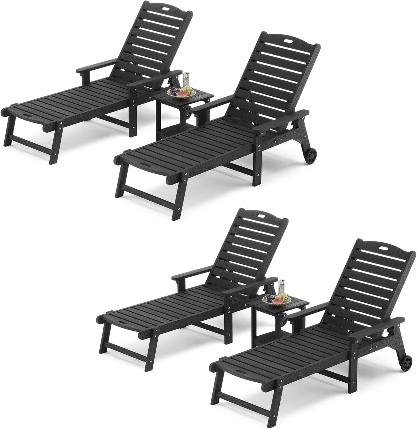 LUE BONA Chaise Lounge Chairs Set with Table, 6-Piece, 79'' Oversized HDPS Chaise Lounger, 5 Positions Adjustable Lounge Chairs, Pool Lounge Chair with Wheels for Poolside, 3 Year Warranty, Black
