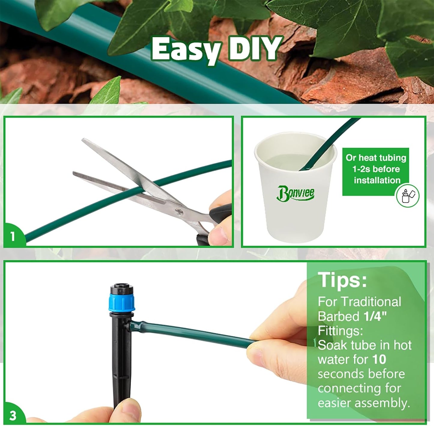 Bonviee 100FT 1/4 inch Blank Distribution Tubing Drip Irrigation Hose Garden Watering Tube Line for Small garden irrigation system-Green