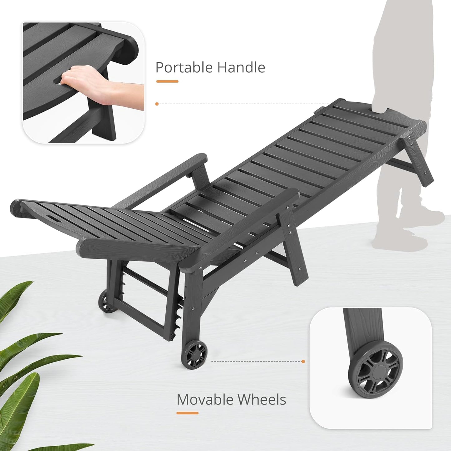 LUE BONA Chaise Lounge Chairs Set with Table, 3-Piece, 79'' Oversized HDPS Chaise Lounger, 5 Positions Adjustable Lounge Chairs, Pool Lounge Chair with Wheels for Poolside, 3 Year Warranty, Dark Gray